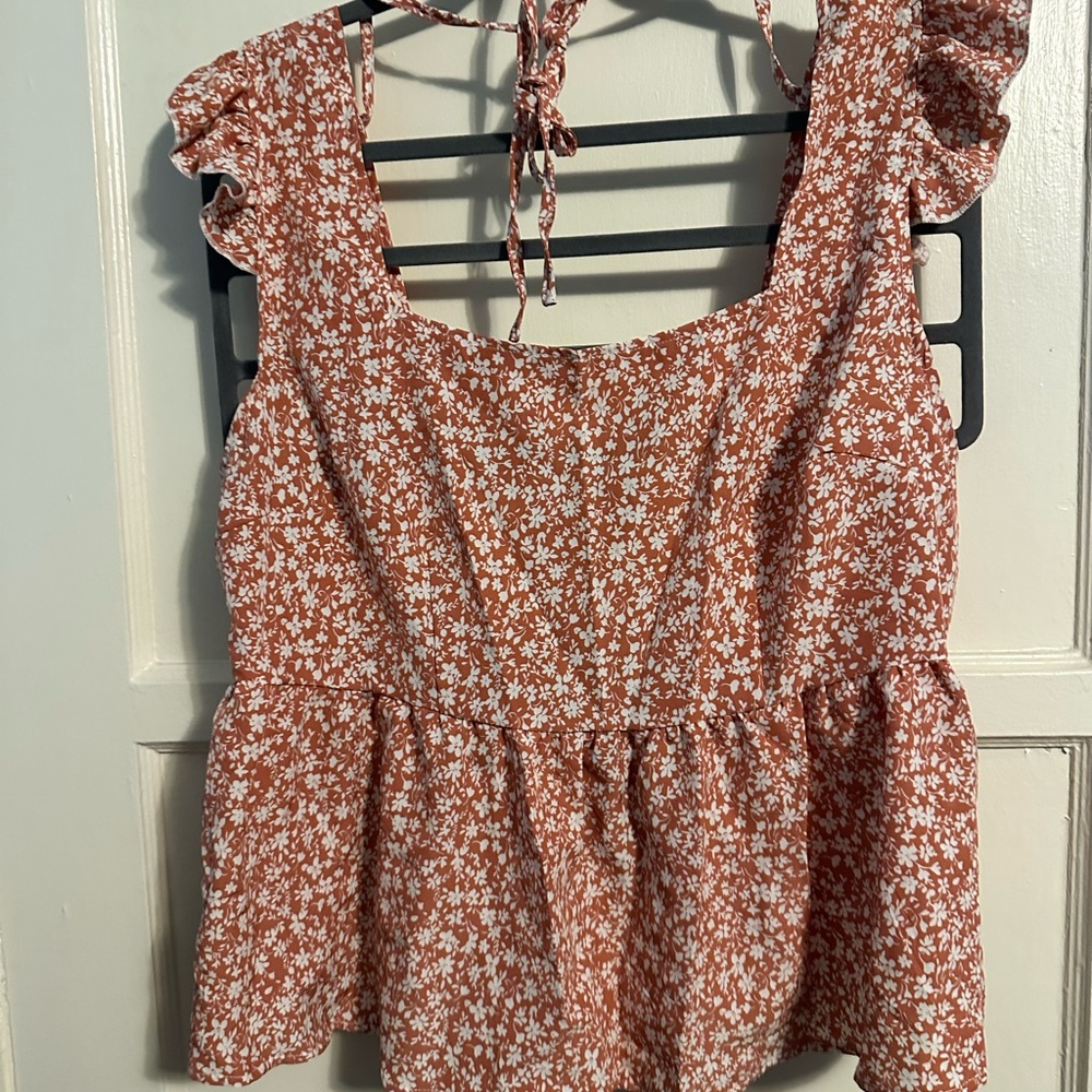 SHEIN Rust Floral Ruffle Blouse